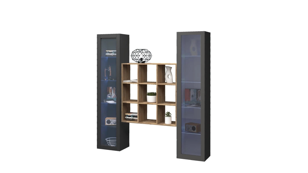 Parete attrezzata soggiorno antracite 2 vetrine libreria in legno moderna Vila RT