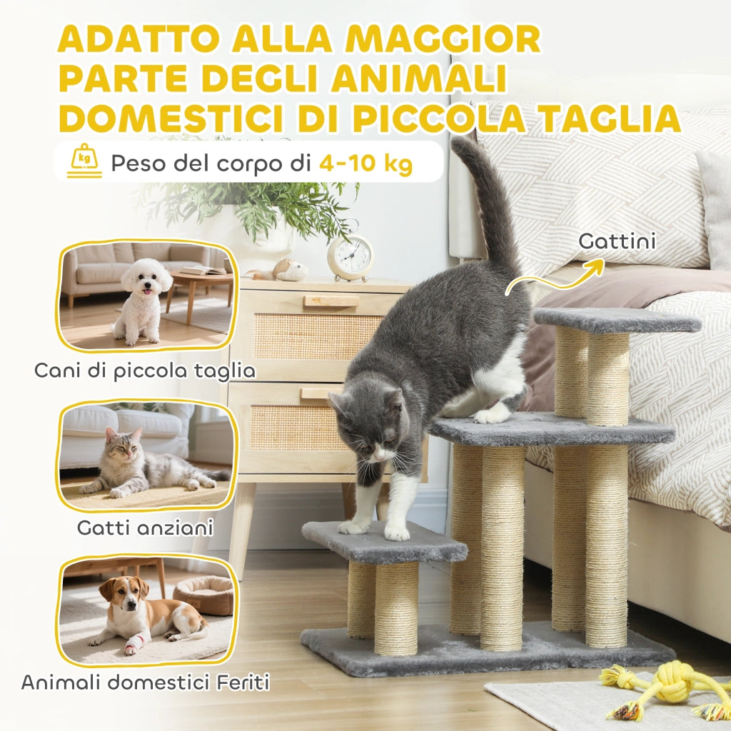 Scaletta per Cani e Gatti con 3 Scalini in Peluche e Pali Tiragraffi in Sisal. Capacit¨¤ 10 kg. Grigio