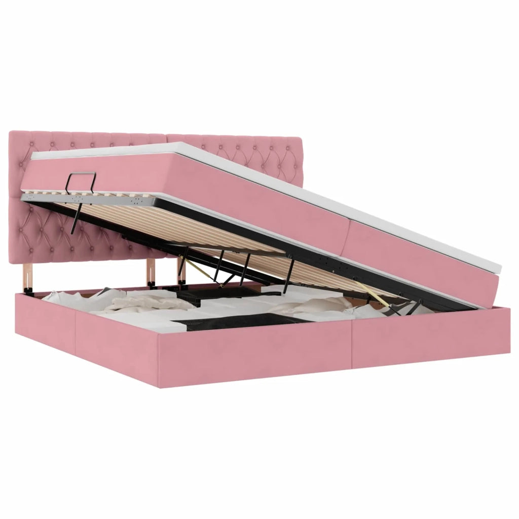 Letto con contenitore e materasso Rosa 200 x 200 cm Velluto