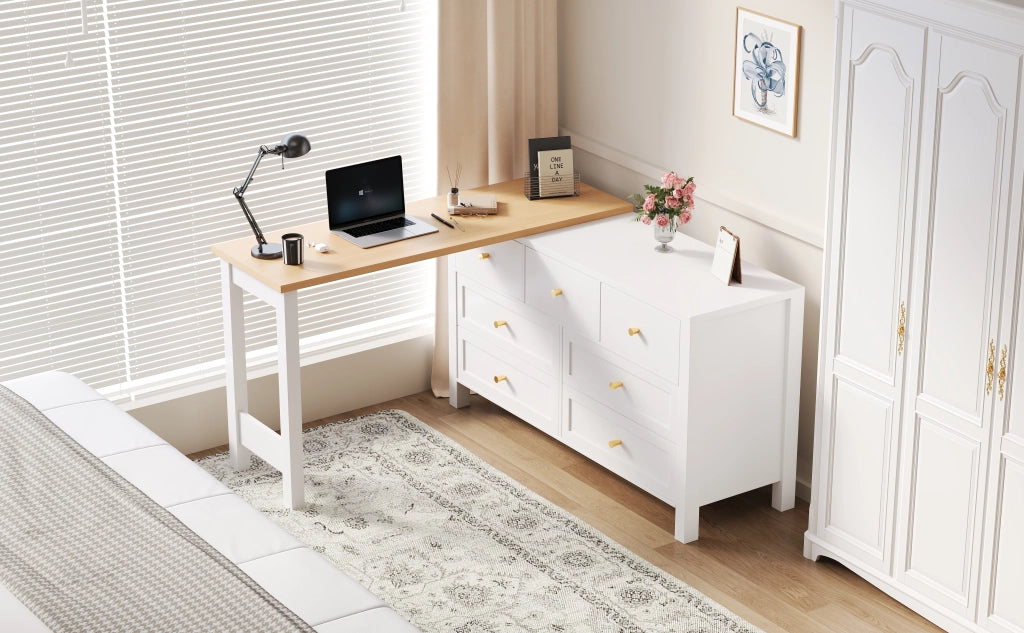 Scrivania con 7 cassetti e piano girevole 360 gradi per studio in bianco e rovere