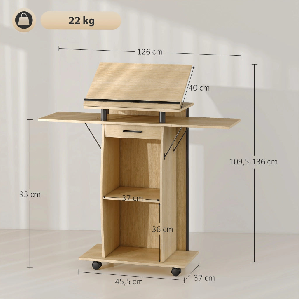 Scrivania Mobile con Rotelle e Ripiani ¨C Xylo ¨C Rovere con Cassetto e Scaffale Regolabile