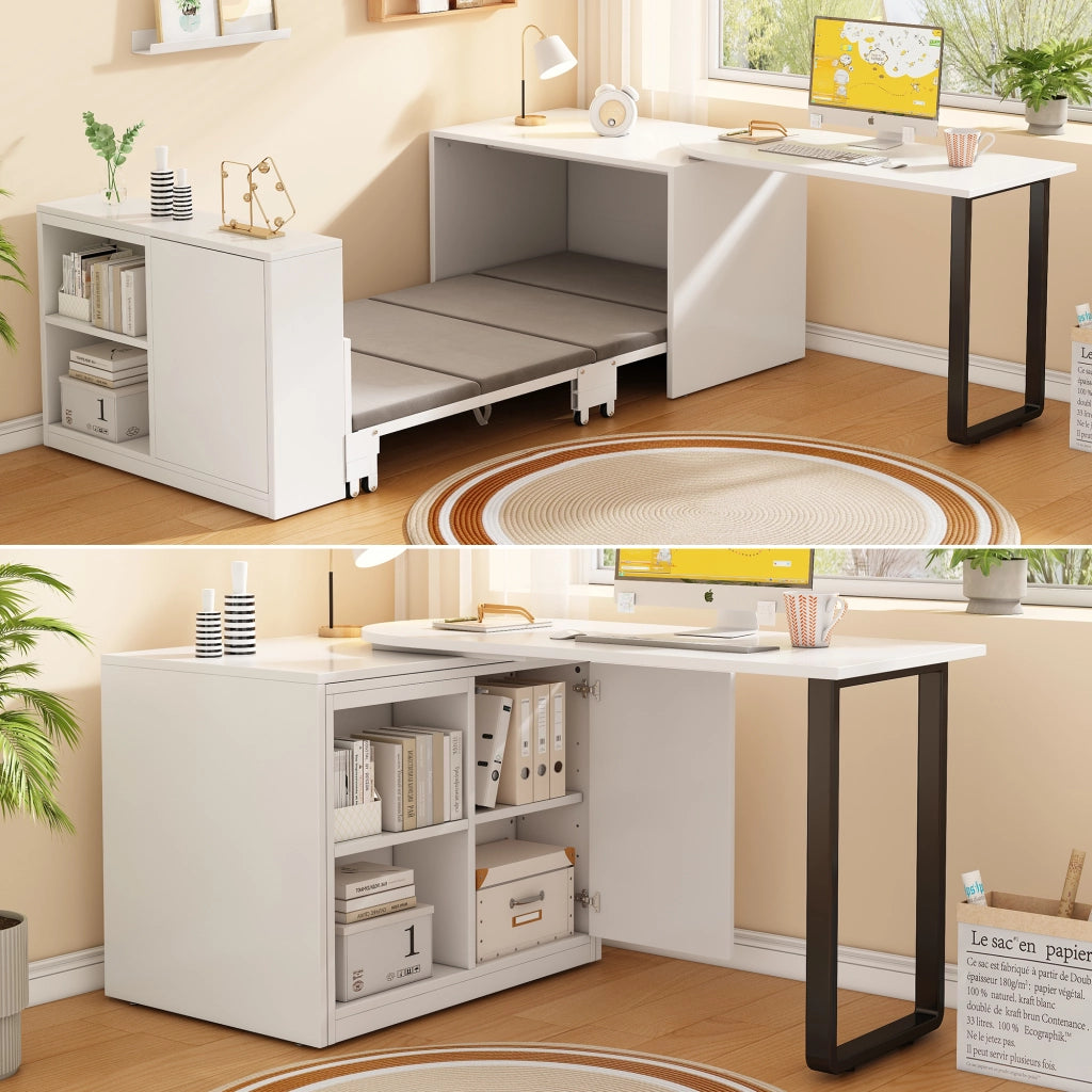 Scrivania pieghevole multifunzionale con letto e 2 vani aperti, per ufficio e camera, bianco, 216 × 116 × 79 cm