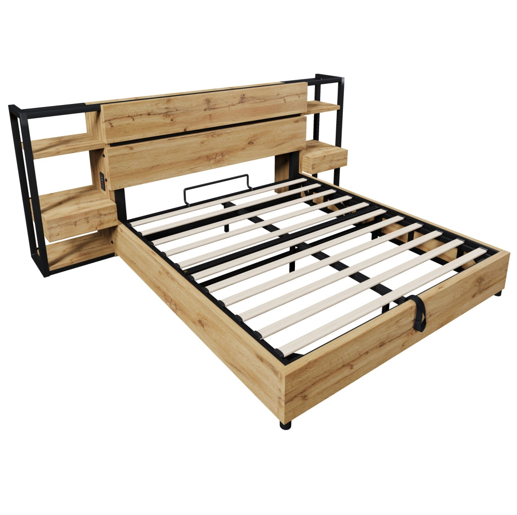 Letto contenitore 160x200 cm in MDF rovere con USB Type-C, senza materasso