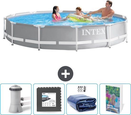 Piscina a forma di prisma a cerchio - 366 x 76 cm - Grigio - Incluso Pompaggio Pavimento - Tendal solare - Guida alla piscina