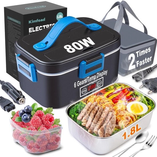 Lunchbox elettrica 80W con display temperatura 1,8L 12V/24V/230V con borsa grigia/accessori, per auto/autocarro/ufficio (display temperatura blu)