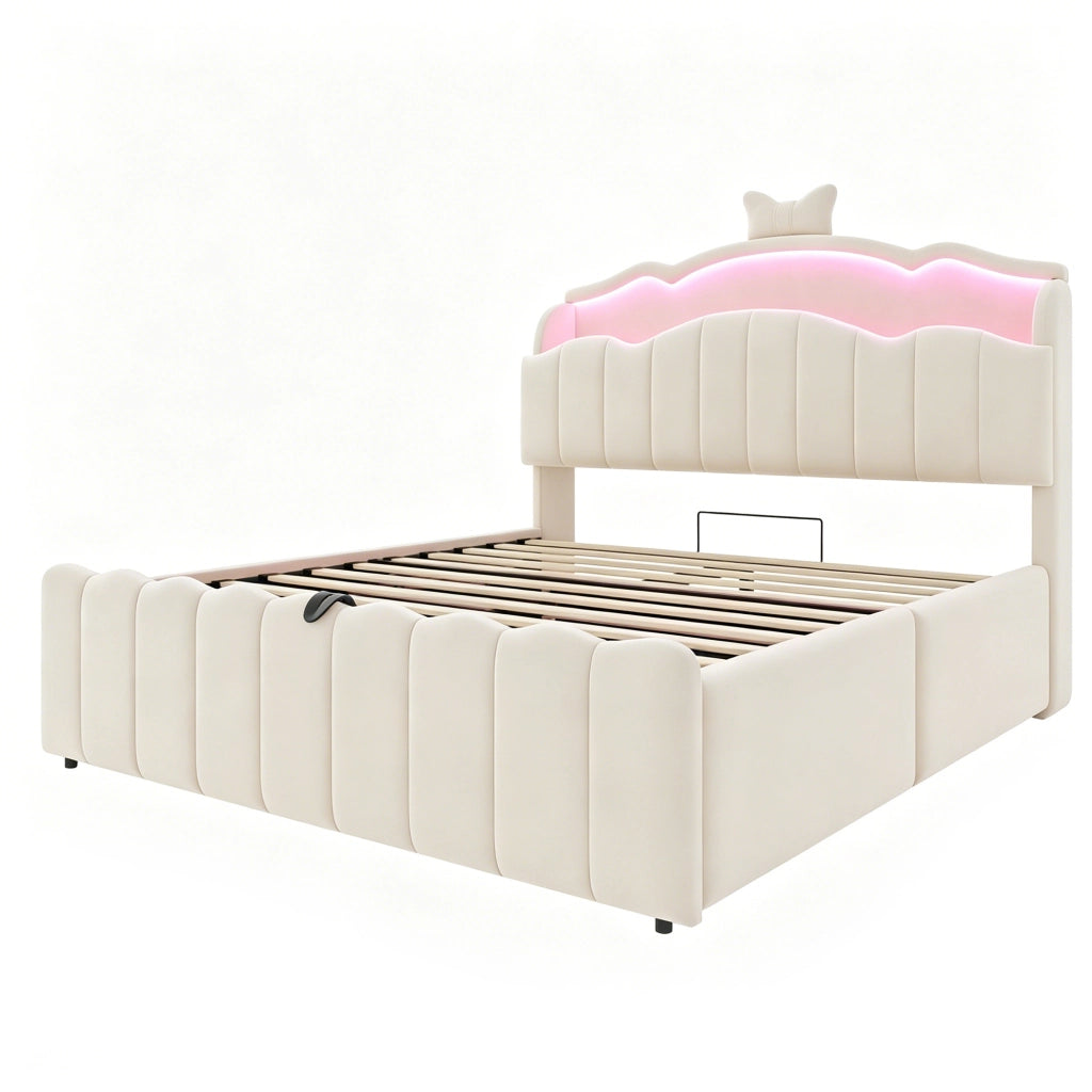 DESMIU Letto per bambini 140 × 200 cm con LED, USB, USB-C e contenitore idraulico, senza materasso, in velluto, beige