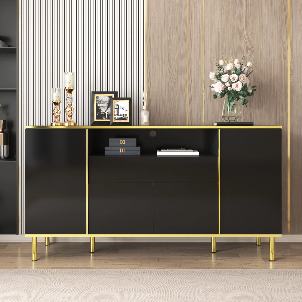 Credenza con 4 Ante; 1 Cassetto e LED; Nero Lucido con Dettagli Dorati; in MDF; 150??40??80 cm