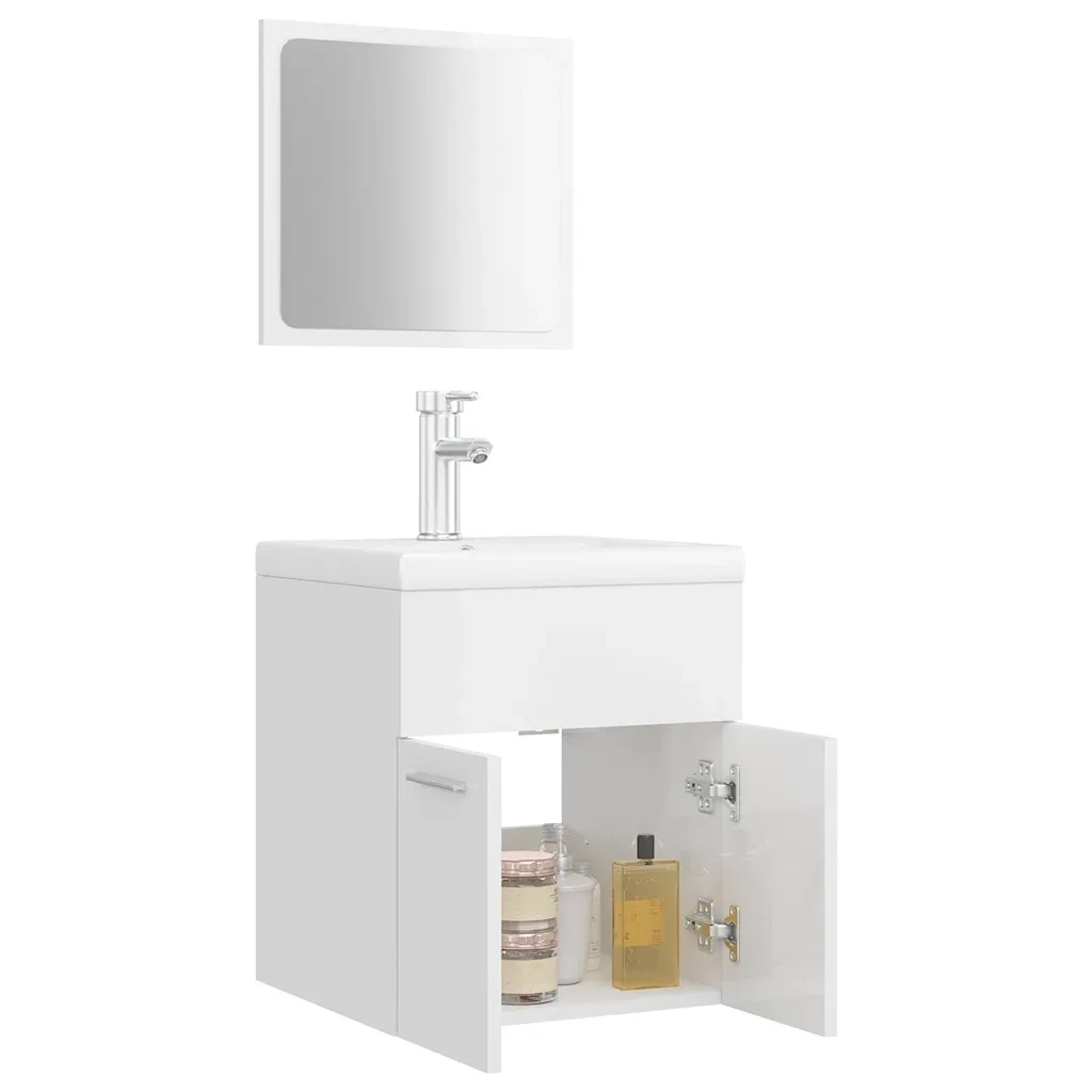 Set Mobili da Bagno Bianco Lucido in Legno Multistrato
