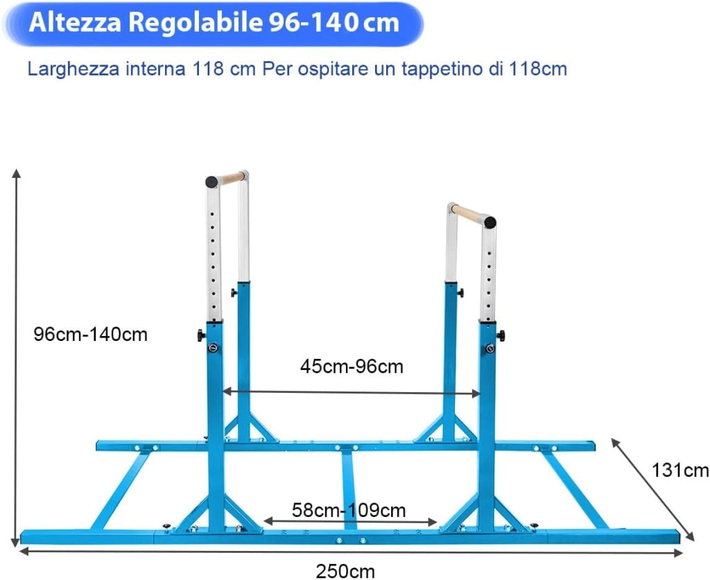 Parallele Doppie per Ginnastica, Sbarre Orizzontali Doppie con Larghezza Regolabile e 11 Altezze, capacità di Carico di 100 kg, Sbarre di Allenamento per Bambini 6-12 Anni