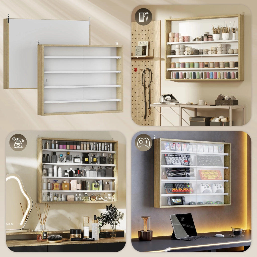Libreria a Muro con Ripiani Aggiustabili e 2 Ante Scorrevoli in Vetro ¨C zephmum ¨C 80x60x9,5 cm Bianco e Naturale