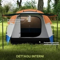 Tenda da Campeggio Impermeabile con 2 Aree e 3 Ingressi, Poliestere e Fibra di Vetro, 420x200x150 cm, Arancione