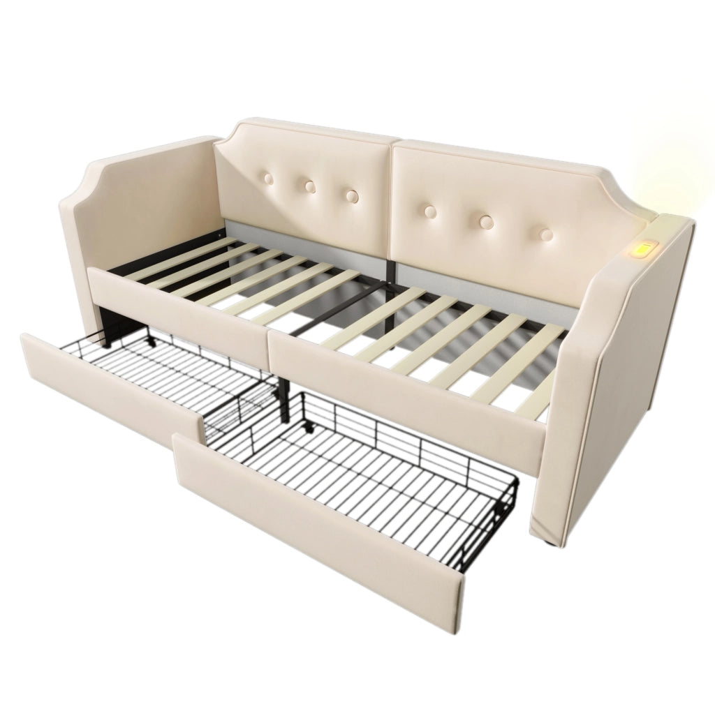 Letto singolo imbottito 90x200 cm in velluto beige con USB Type-C; lampada da lettura e 2 cassetti