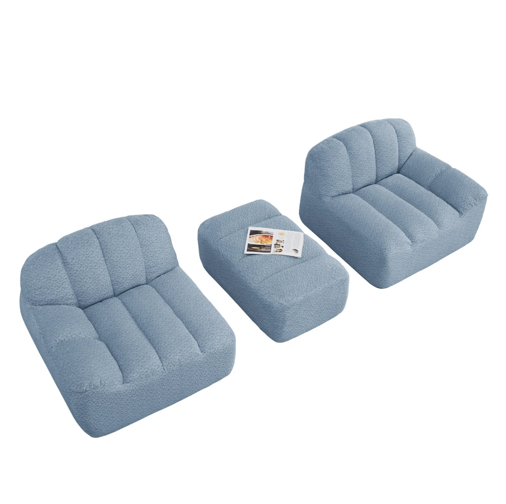 Divano modulare angolare 2 posti con pouf; senza struttura; in fleece granulato blu