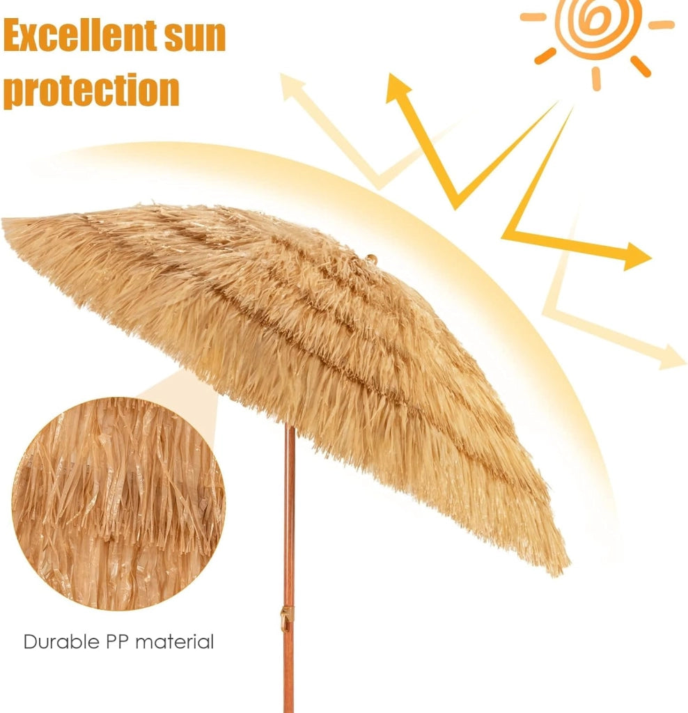 Ombrellone da Spiaggia 200 cm, Parasole Hawaiano, Antivento, Impermeabile, Anti UV, Ombrello in Paglia Pieghevole e Portabile, Ombrello in Rafia per Giardino, Balcone, senza Base, Giallo