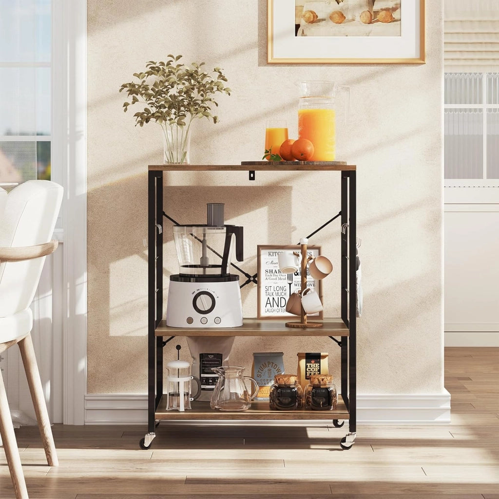 Scaffale da Cucina con Ruote, Carrello Cucina a 3 Livelli, Scaffale per Microonde con 4 Ganci, Carrello da Bar con Struttura in Metallo, Marrone Rustico+Nero, 60x40x82,5 cm