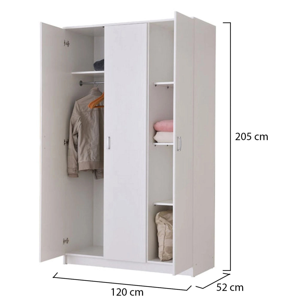 Armadio Camera da Letto Licodia, Guardaroba 3 Ante Appendiabiti, 120x52 cm Bianco