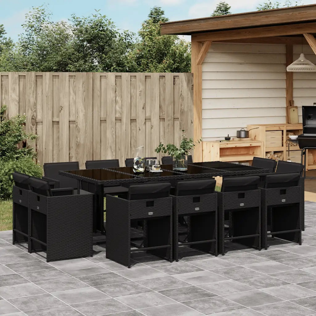 Set da Pranzo da Giardino 13pz con Cuscini Nero in Polyrattan
