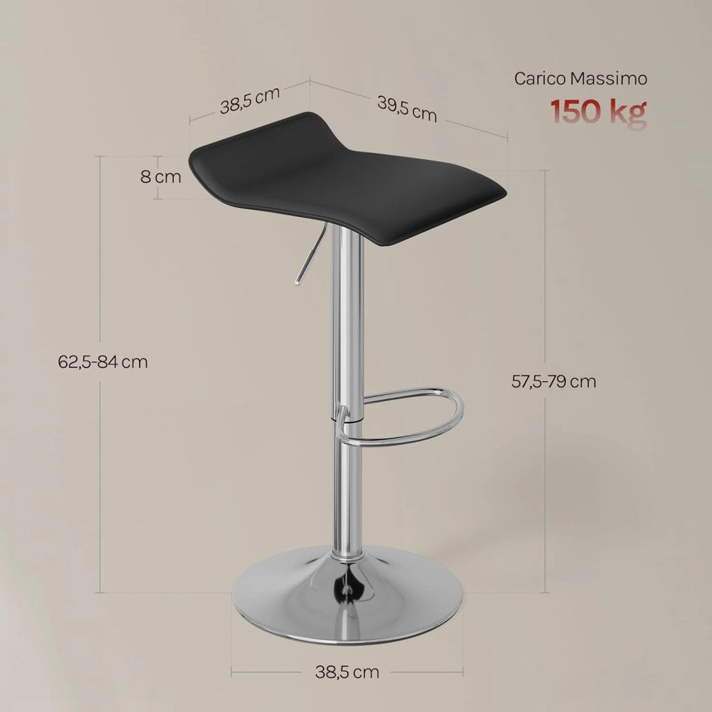 Sgabello da Cucina, Sgabello da Bar Colazione Regolabile in Altezza Girevole a 360°, per Bar, Cucina, Banco, Caffè, PVC+Metallo, con Poggiapiedi, Nero+Argento