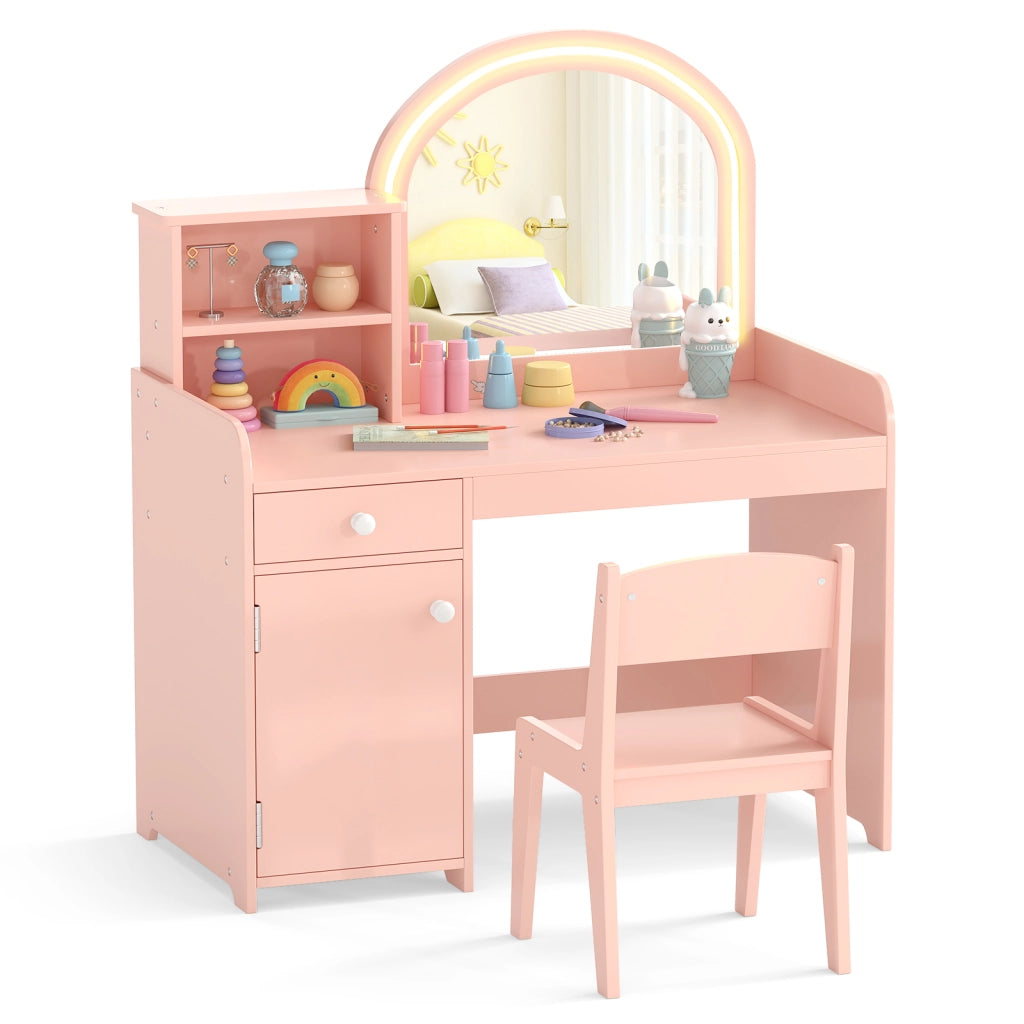 Set tavolo da trucco per bambini con sedia mensole cassetto e anta-Toeletta da trucco in legno con luci LED Oro rosa