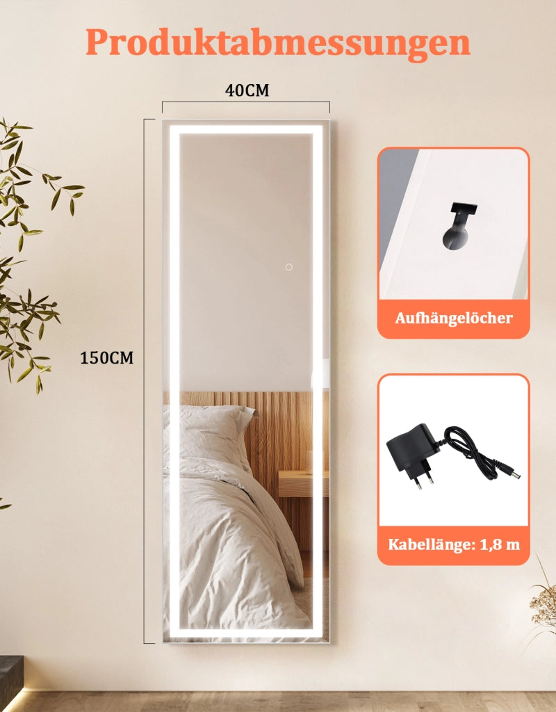 ZMH Specchio a figura intera Illuminato 150cm Specchio da Terra e Parete Full Length Standing Mirror