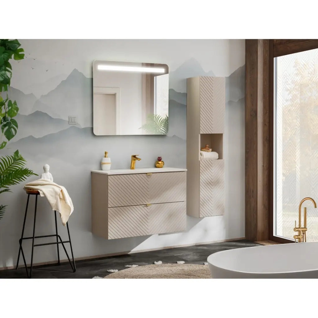 Mobile sottolavabo AOKI – 2 cassetti – Finitura beige cachemire con motivi a spina di pesce e maniglie dorate – L80 × P39 × H57 cm – Da appendere