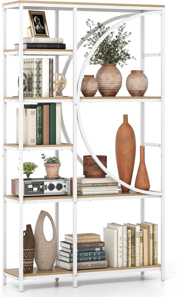 Libreria a Mezza Luna a 6 Livelli, 100 x 30 x 177 cm, con Struttura in Metallo e Ripiani Aperti, per Soggiorno e Ufficio