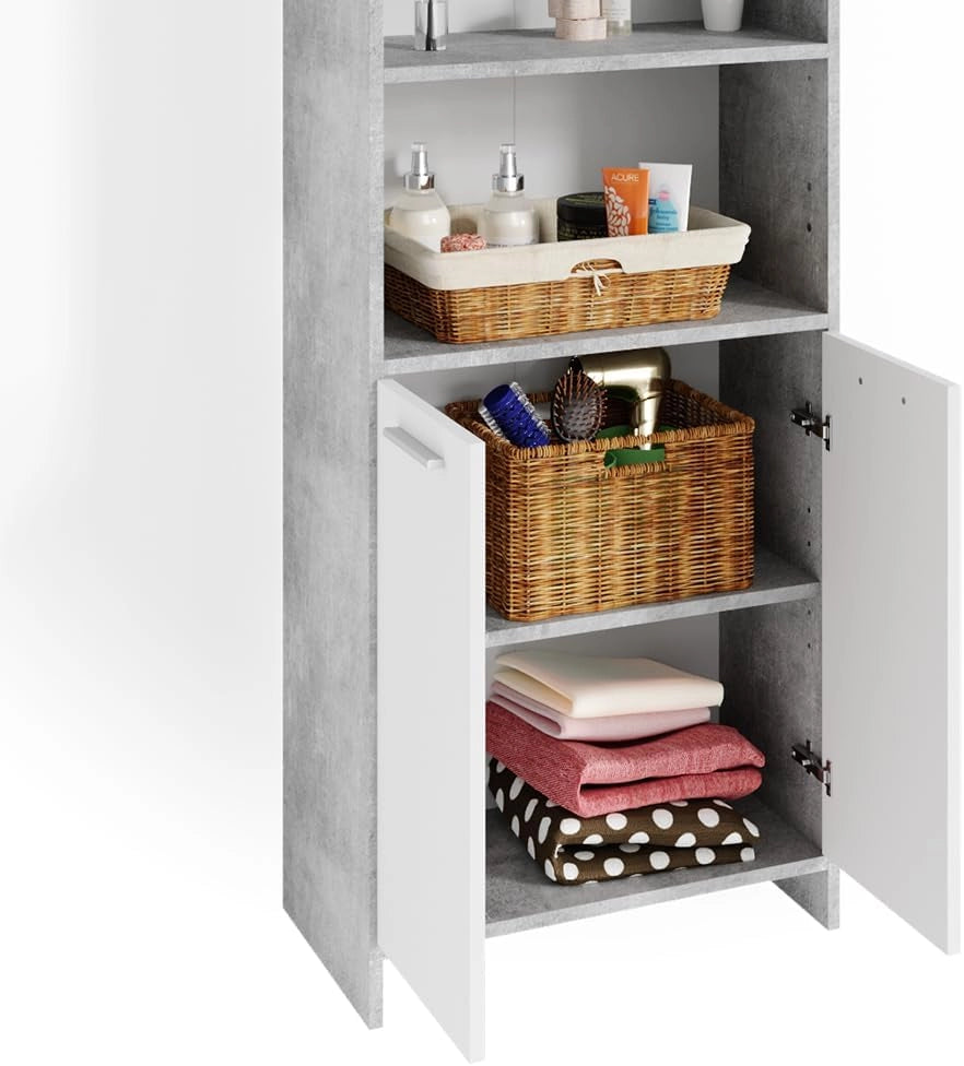 Mobile bagno alto Maris, Calcestruzzo, 56.1 x 190 cm, per la conservazione di accessori da bagno e ripiani regolabili in altezza