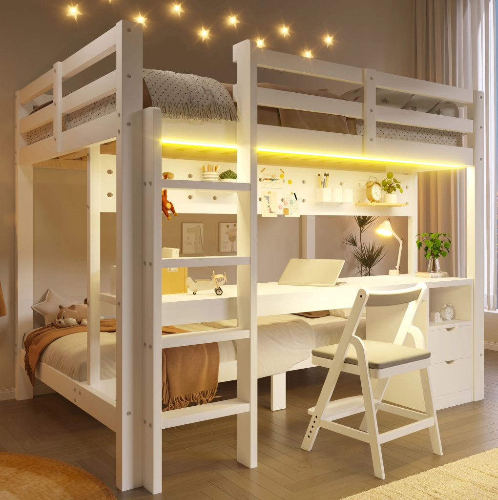 Letto a castello con scrivania, cassetti e luce LED 140x200/90x200