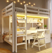 Letto a castello con scrivania, cassetti e luce LED 140x200/90x200