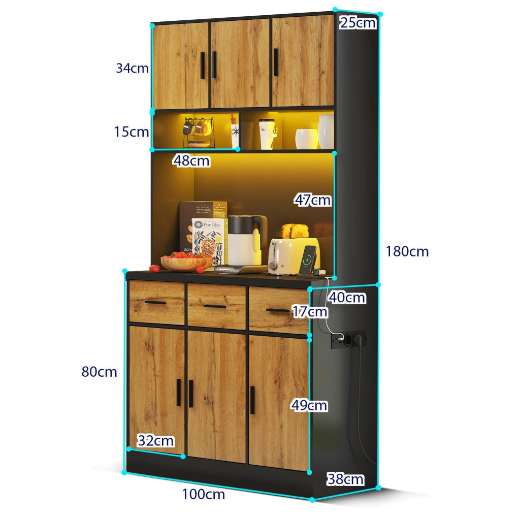 Credenza alta da cucina con 3 cassetti, 6 ante, ripiani regolabili, LED e prese USB, 100 × 40 × 180 cm