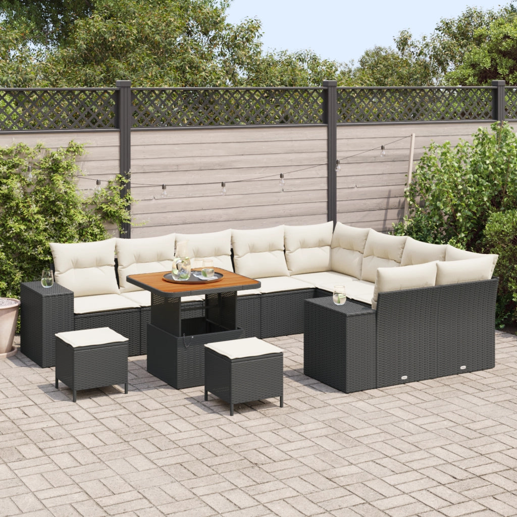 Set Divano da Giardino 12 Pezzi con Cuscini Nero Rattan in Polietilene Acacia