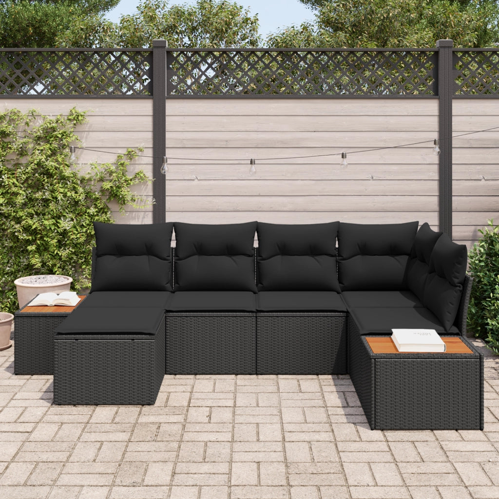 Set Divano da Giardino 6 Pezzi con Cuscini Nero Polyrattan Acacia