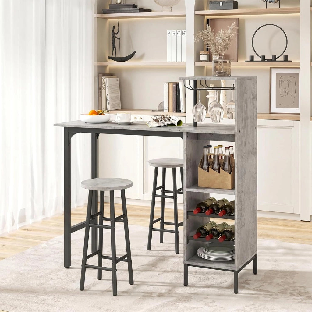 Set 3 Pezzi Tavolo e Sedie da Bar, Tavolo e Sgabelli da Pub Industriale con Porta Calici e 6 Portabottiglie da Vino, Set di Tavolo per Sala da Pranzo, Ristorante e Bar (Grigio)