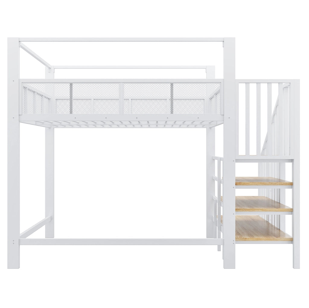 Letto a soppalco 140x200 cm con baldacchino; scala portaoggetti in metallo bianco