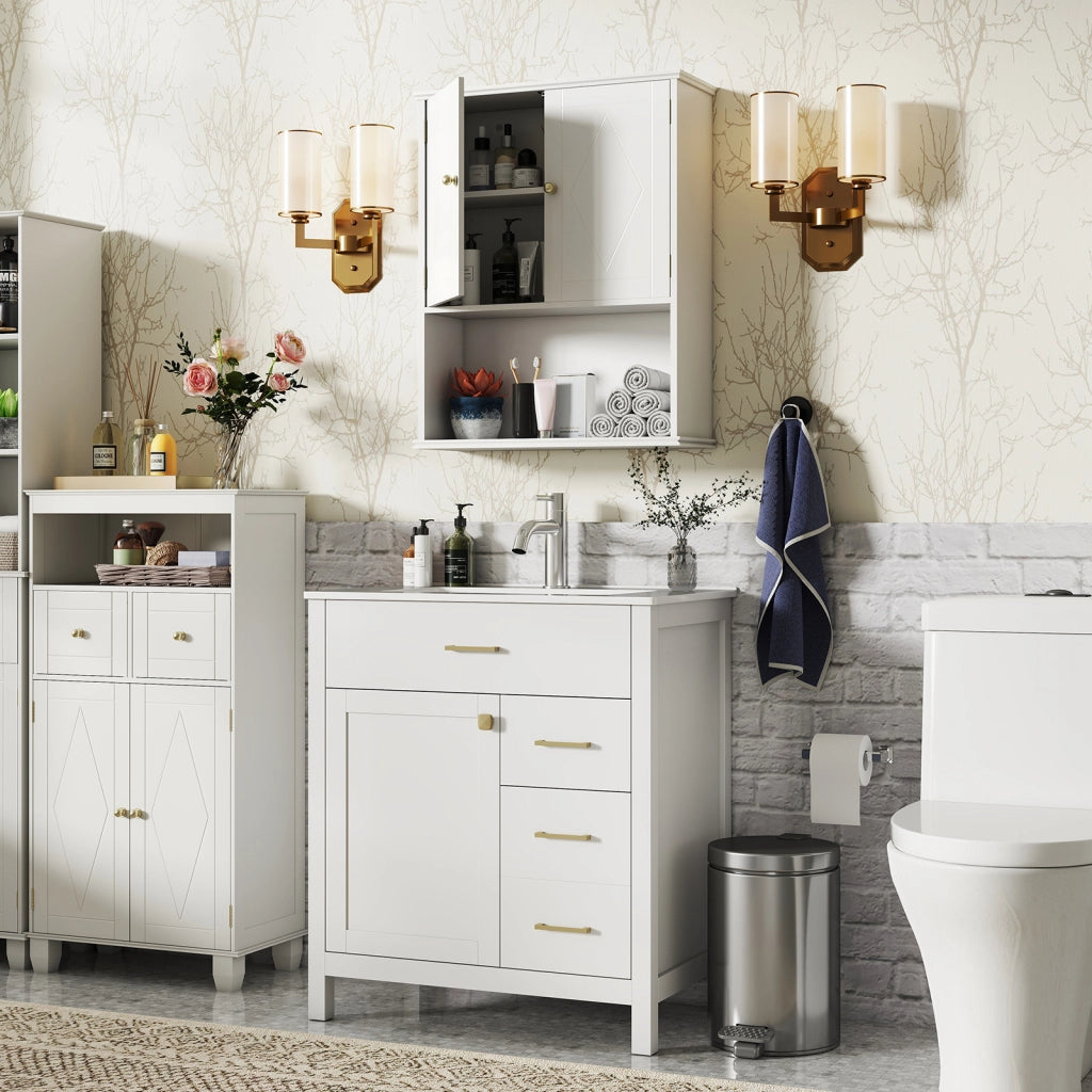 Armadietto muro bagno medico 2 ante ripiano aperto regolabile, Armadietto organizer salvaspazio sopra water lavanderia cucina Bianco