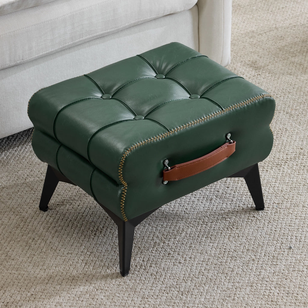 Pouf multifunzione per cambio scarpe con maniglia, piedini antiscivolo e gambe in acciaio in pelle PU verde