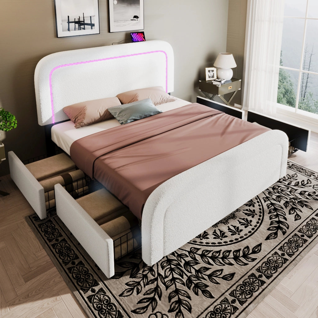 OKWISH Letto con Cassetti 140×200 cm, Letto Matrimoniale con 4 Cassetti, USB, Type-C, LED e Testiera Regolabile, con Materasso