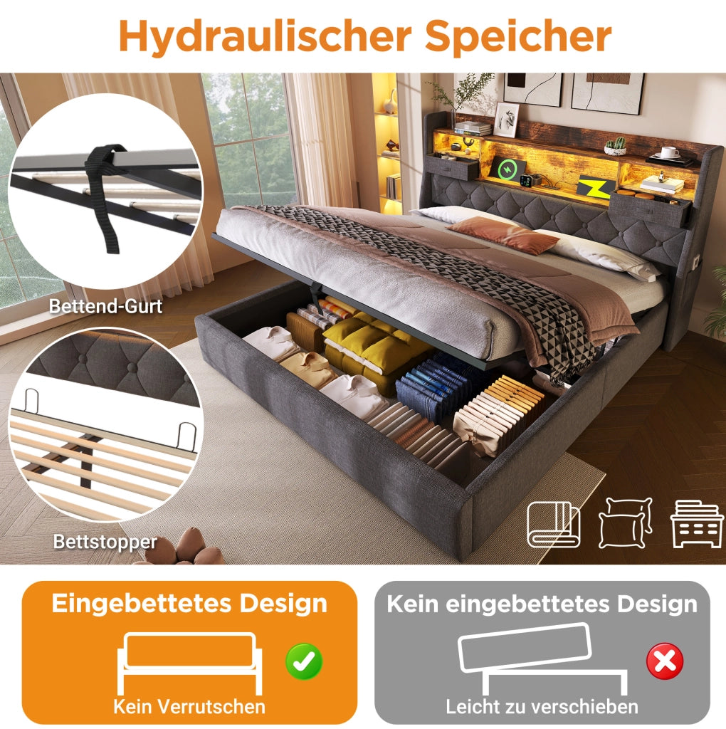 Letto imbottito 140x200 cm con contenitore idraulico, LED e materasso