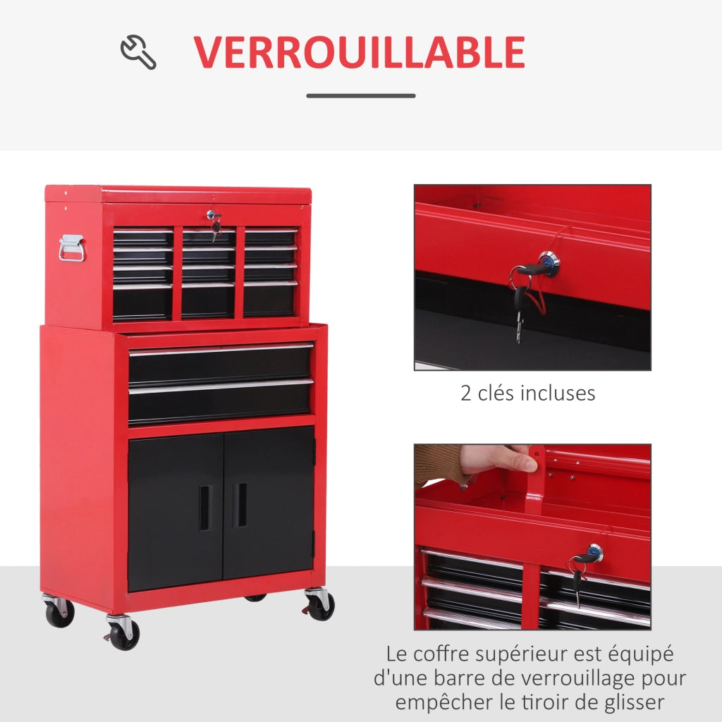 Carrello per attrezzi con cassettiera e cassone mobile ¨C Zephmum ¨C Acciaio rosso e nero