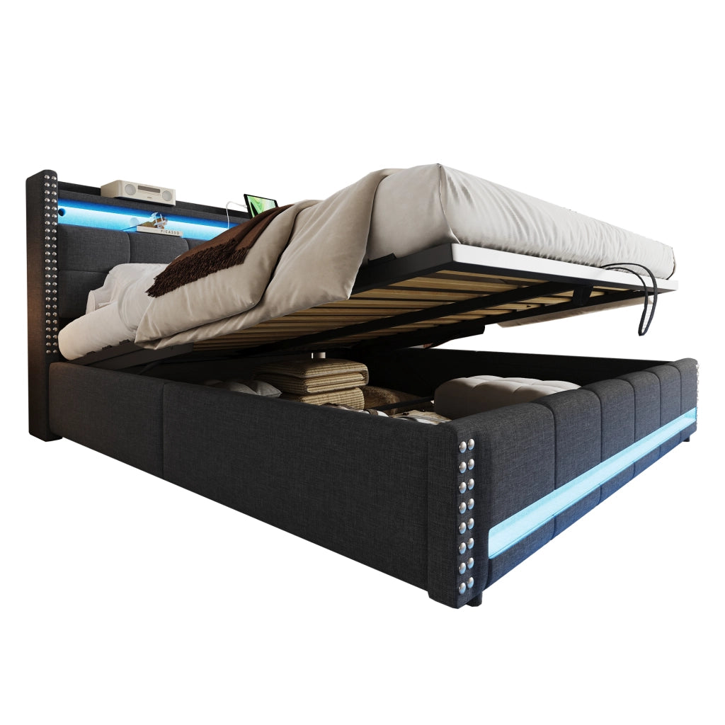 OKWISH Letto Contenitore 180×200 cm, Letto Matrimoniale con LED Regolabile, USB, Tipo C e Mensole, senza Materasso, in Tessuto - Grigio