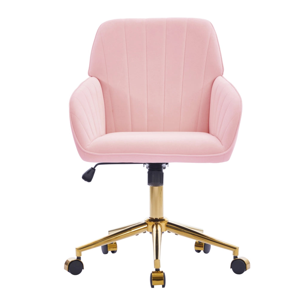 Sedia da ufficio girevole rosa in velluto con altezza regolabile e schienale ergonomico imbottito