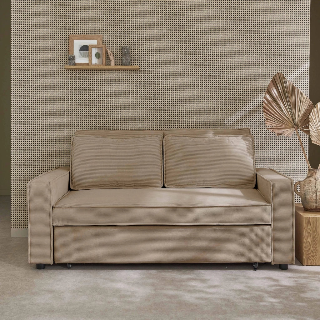 Divano letto in velluto a coste, 3 posti, beige