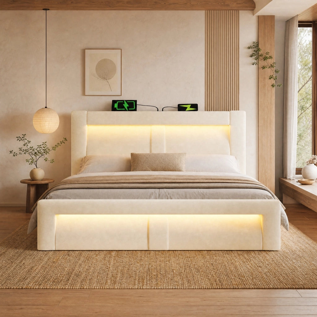 Letto 140x200 cm con contenitore; LED e ricarica USB-C in velluto beige