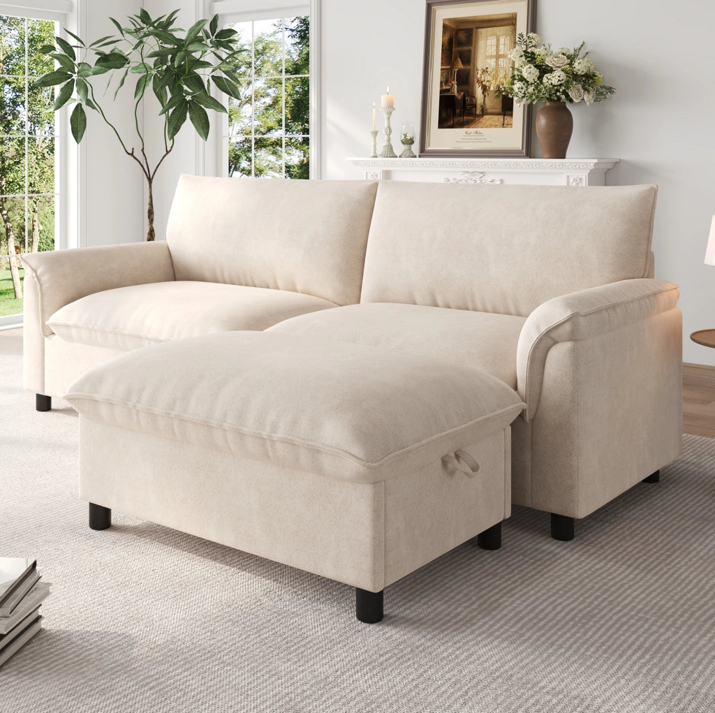 Divano con pouf contenitore e funzione letto; chenille beige; 216x77x82 cm