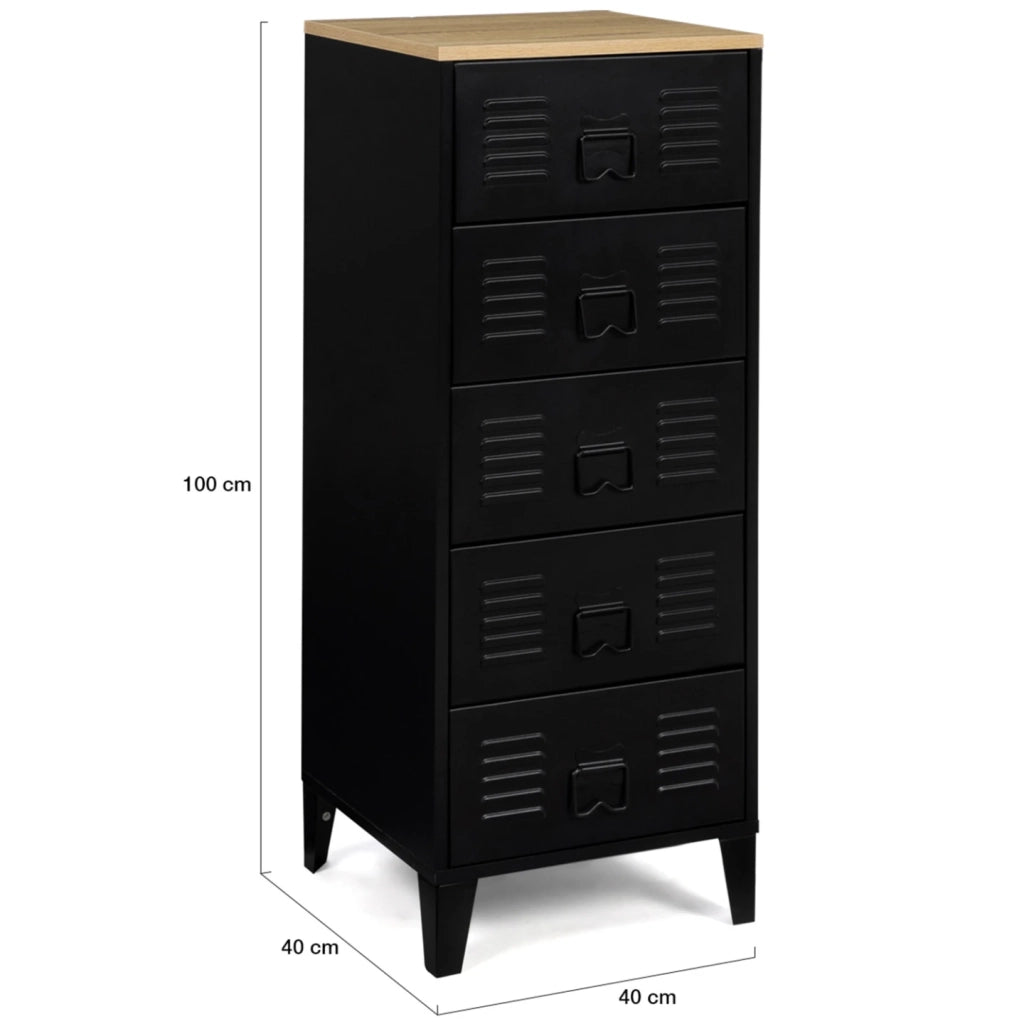 IDMarket - Cassettiera ESTER a 5 cassetti, 40 cm, metallo nero e piano in faggio in stile industriale
