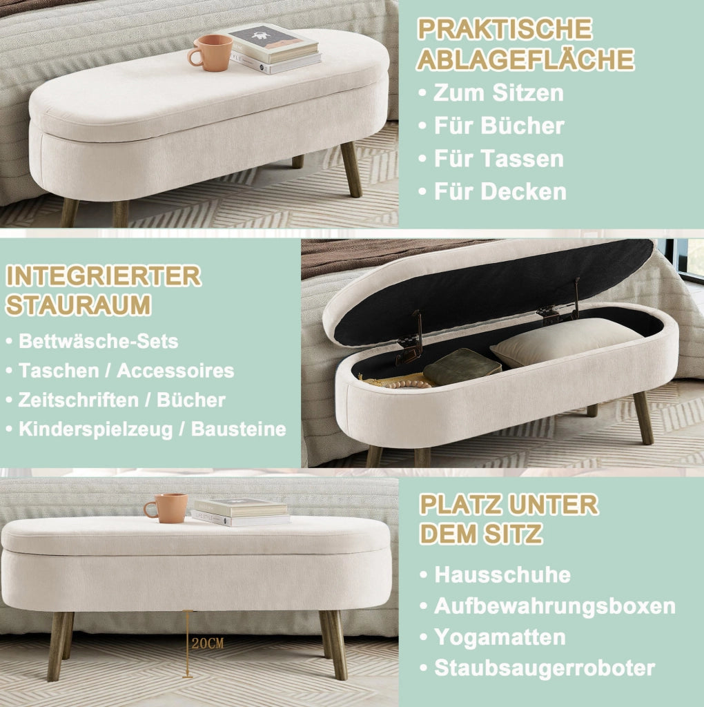 Panca contenitore ovale in chenille beige 110x40x42 cm