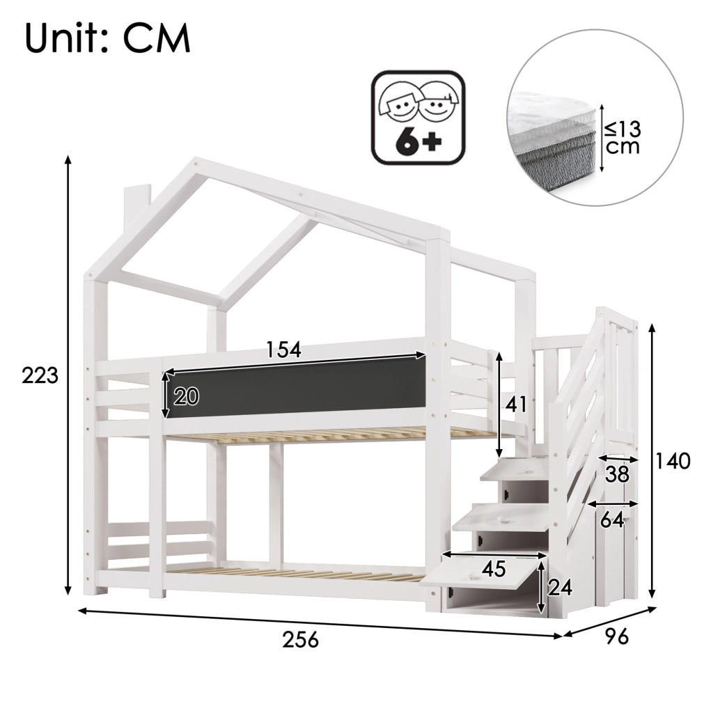 Letto a castello per bambini 90x200 cm con scala contenitore e lavagna; bianco