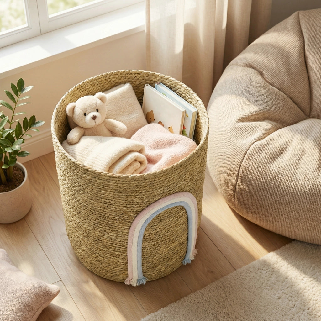 Cestino intrecciato grande per bagno e camera da letto ¨C zephmum ¨C 24.7 litri con decorazione arcobaleno