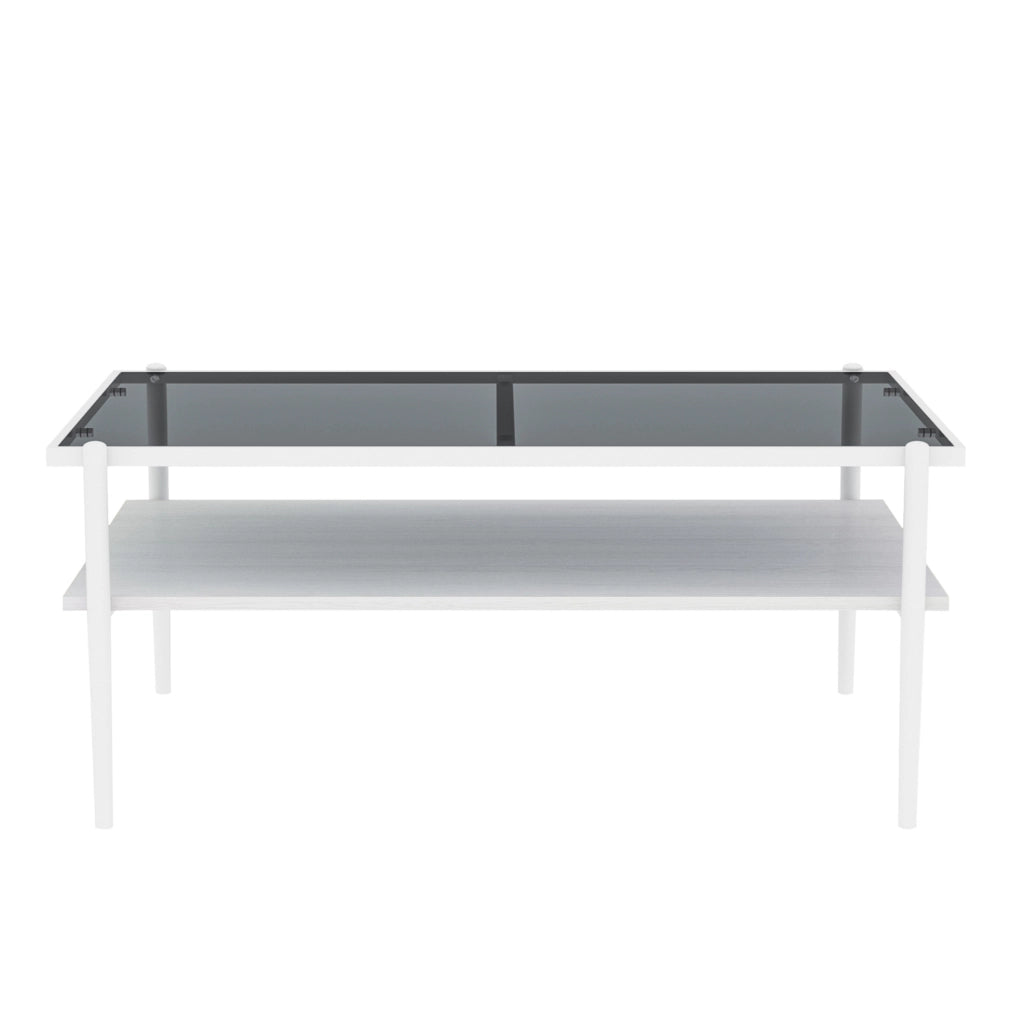 Tavolino da salotto con piano in vetro temperato e vano portaoggetti in MDF grigio e bianco