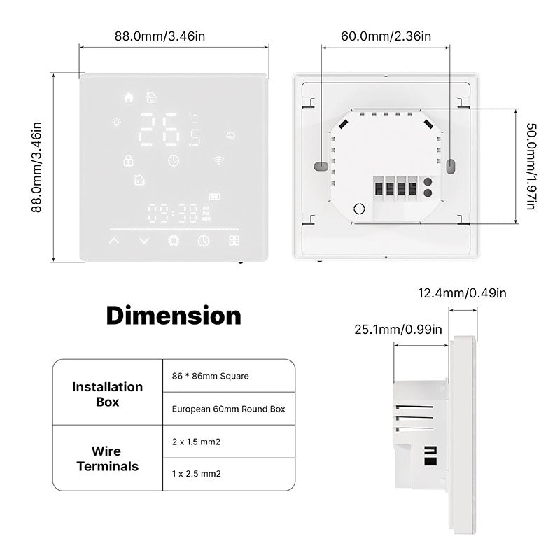 Termostato Matter WIFI 2.4G TUYA, Smart Life, Apple Google Home, Alexa, SmartThings Compatibile Con Scatola 502 Riscaldamento Pavimento Elettrico Bianco 16A 95-240V IP20